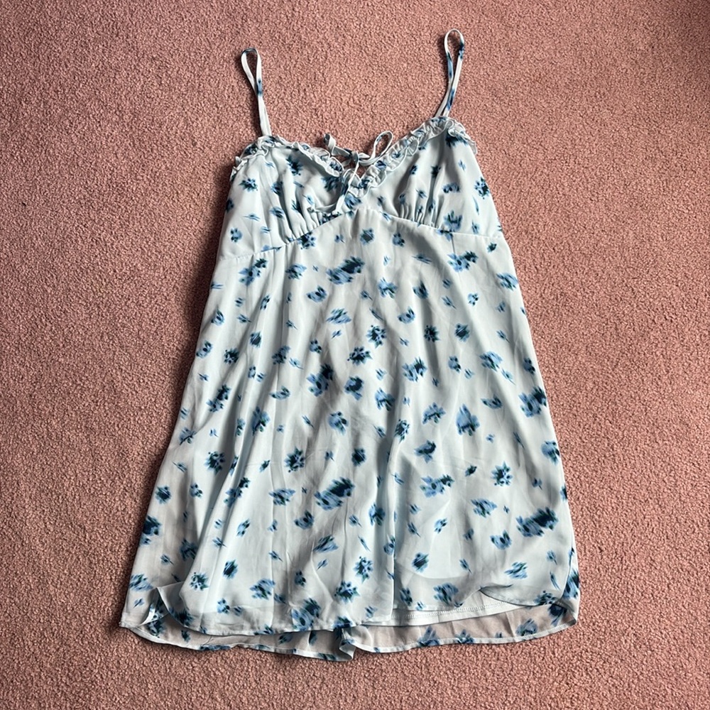 Ruffle Trim Slip Mini Babydoll Blue Floral Spaghetti Strap Dress Size Large - Picture 2 of 8